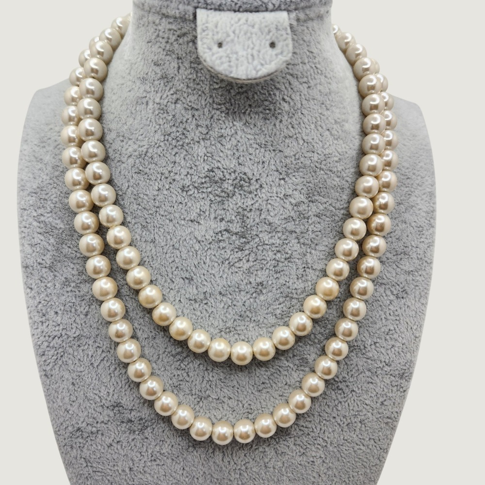 Vintage Double Strand Faux Glass Pearl Necklace Cream 50s Classic Gold Clasp